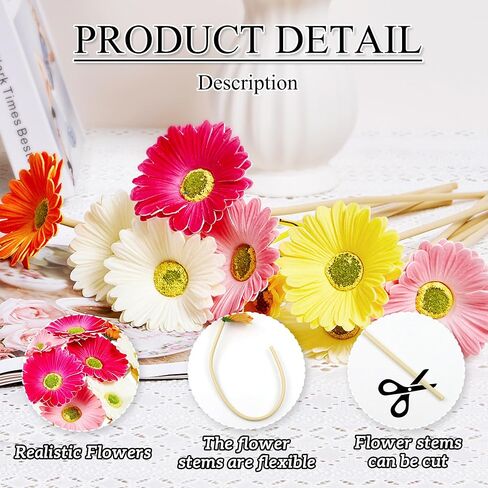 SITUMEIZI 15Pcs Artificial Gerbera Daisies Flowers Fake Daisy Faux Mums Daisy Flower 15 Inch for Home Kitchen Decor (White,Pink,Yellow,Orange,Rose) in Saudi Arabia
