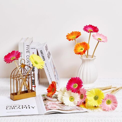 SITUMEIZI 15Pcs Artificial Gerbera Daisies Flowers Fake Daisy Faux Mums Daisy Flower 15 Inch for Home Kitchen Decor (White,Pink,Yellow,Orange,Rose) in Saudi Arabia