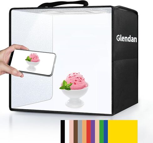 Glendan Photo Light Box Photography: 14"x10" Portable Photo Box with 112 LED Dimmable Lights - Folding Small Photo Booth Studio Box with 12 Color Backdrops for Jewelry Small Items Product Photography in Kuwait