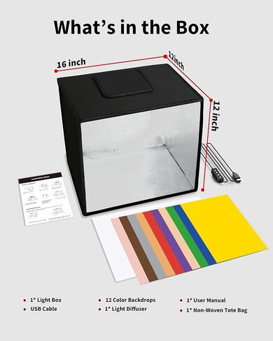 Glendan Photo Light Box Photography: 14"x10" Portable Photo Box with 112 LED Dimmable Lights - Folding Small Photo Booth Studio Box with 12 Color Backdrops for Jewelry Small Items Product Photography in Kuwait