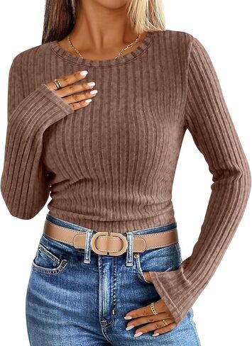 ANRABESS Long Sleeve Shirts for Women Ribbed Knit Tshirt Slim Fit Crewneck Basic Tee Top 2025 Fall Casual Work Trendy Clothes in Kuwait
