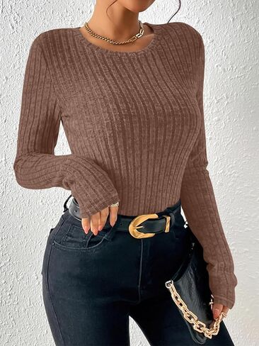 ANRABESS Long Sleeve Shirts for Women Ribbed Knit Tshirt Slim Fit Crewneck Basic Tee Top 2025 Fall Casual Work Trendy Clothes in Kuwait
