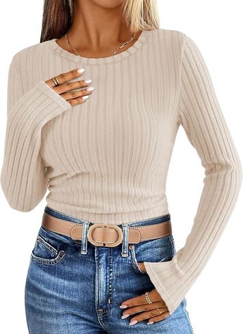 ANRABESS Long Sleeve Shirts for Women Ribbed Knit Tshirt Slim Fit Crewneck Basic Tee Top 2025 Fall Casual Work Trendy Clothes in Kuwait