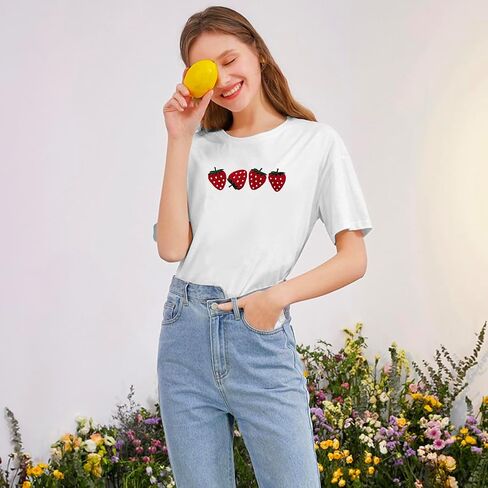 Strawberry Shirt for Women Fruit Graphic Tee Embroidered Strawberry T-Shirt Short Sleeve Gardener Gift Tee Tops in Kuwait