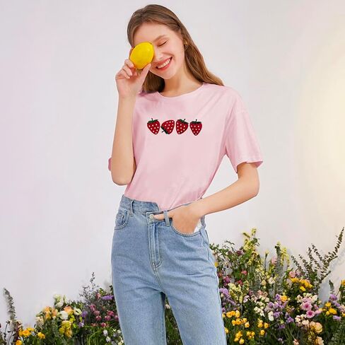 Strawberry Shirt for Women Fruit Graphic Tee Embroidered Strawberry T-Shirt Short Sleeve Gardener Gift Tee Tops in Kuwait