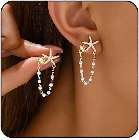 Gold Starfish Earrings Beach Jewelry for Women Pearl Sea Shell Earrings Dangle Silver Seashell Earring Vacation Summer Jewelry in Kuwait