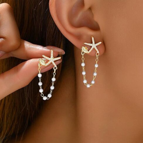 Gold Starfish Earrings Beach Jewelry for Women Pearl Sea Shell Earrings Dangle Silver Seashell Earring Vacation Summer Jewelry in Kuwait