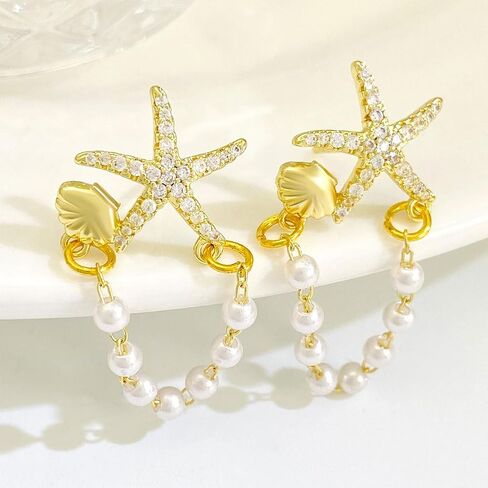 Gold Starfish Earrings Beach Jewelry for Women Pearl Sea Shell Earrings Dangle Silver Seashell Earring Vacation Summer Jewelry in Kuwait