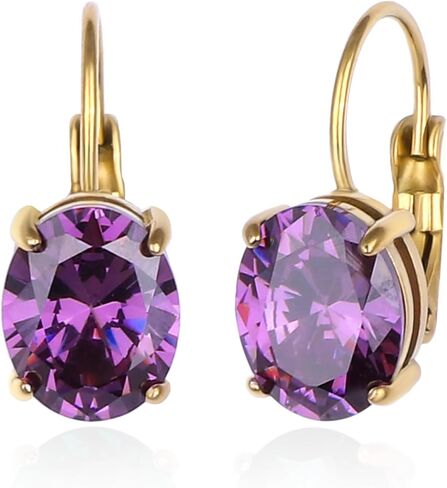 18K Real Gold Plated Birthstone Cut-Oval Leverback Drop Earring for Women Hanging Lever Dangle Earring Oval Synthetic Gemstone CZ Earring Jewelry Birthday Gift for Wife Girlfriend in Saudi Arabia