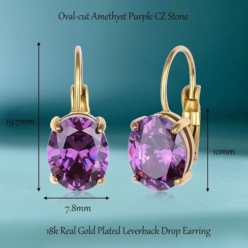 18K Real Gold Plated Birthstone Cut-Oval Leverback Drop Earring for Women Hanging Lever Dangle Earring Oval Synthetic Gemstone CZ Earring Jewelry Birthday Gift for Wife Girlfriend in Saudi Arabia