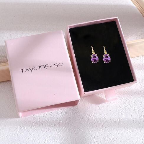 18K Real Gold Plated Birthstone Cut-Oval Leverback Drop Earring for Women Hanging Lever Dangle Earring Oval Synthetic Gemstone CZ Earring Jewelry Birthday Gift for Wife Girlfriend in Saudi Arabia