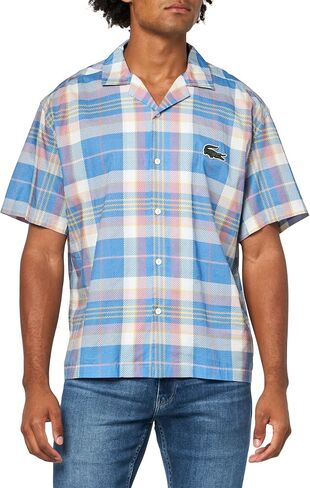 Lacoste Men’s Short Sleeve Organic Cotton Check Shirt, Fiji/Multico, Large in Saudi Arabia