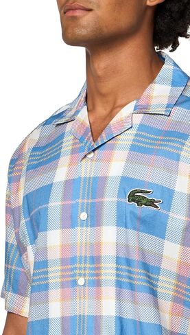 Lacoste Men’s Short Sleeve Organic Cotton Check Shirt, Fiji/Multico, Large in Saudi Arabia