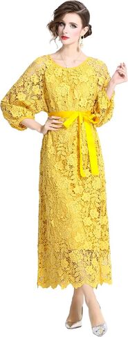 LAI MENG FIVE CATS Womens Flowy Floral Lace Puff Sleeves Crew Neck Front Tie Waist Loose Elegant Dress in Saudi Arabia