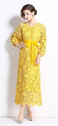 LAI MENG FIVE CATS Womens Flowy Floral Lace Puff Sleeves Crew Neck Front Tie Waist Loose Elegant Dress in Saudi Arabia