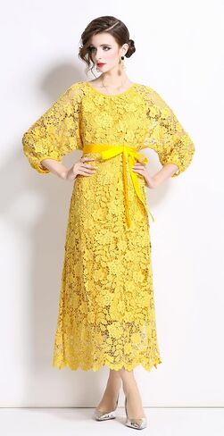 LAI MENG FIVE CATS Womens Flowy Floral Lace Puff Sleeves Crew Neck Front Tie Waist Loose Elegant Dress in Saudi Arabia