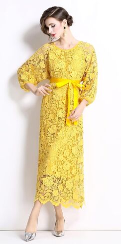 LAI MENG FIVE CATS Womens Flowy Floral Lace Puff Sleeves Crew Neck Front Tie Waist Loose Elegant Dress in Saudi Arabia