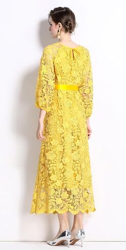 LAI MENG FIVE CATS Womens Flowy Floral Lace Puff Sleeves Crew Neck Front Tie Waist Loose Elegant Dress in Saudi Arabia