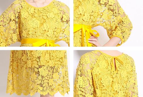 LAI MENG FIVE CATS Womens Flowy Floral Lace Puff Sleeves Crew Neck Front Tie Waist Loose Elegant Dress in Saudi Arabia