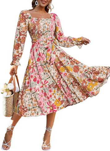 Simplee Womens Long Sleeve Maxi Dress Casual Square Neck Smocked Flowy Fall Wedding Guest Dresses in Saudi Arabia