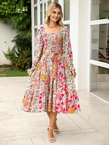 Simplee Womens Long Sleeve Maxi Dress Casual Square Neck Smocked Flowy Fall Wedding Guest Dresses in Saudi Arabia