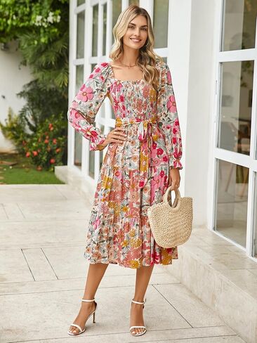 Simplee Womens Long Sleeve Maxi Dress Casual Square Neck Smocked Flowy Fall Wedding Guest Dresses in Saudi Arabia