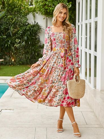 Simplee Womens Long Sleeve Maxi Dress Casual Square Neck Smocked Flowy Fall Wedding Guest Dresses in Saudi Arabia