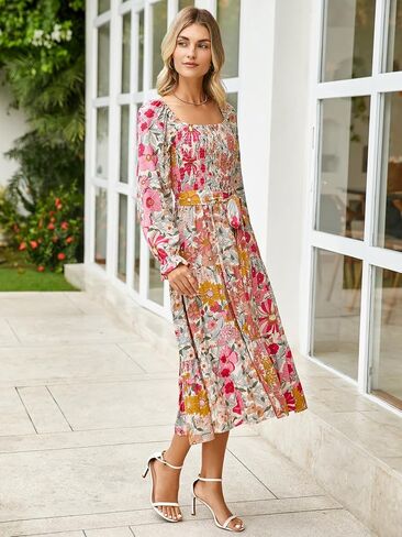 Simplee Womens Long Sleeve Maxi Dress Casual Square Neck Smocked Flowy Fall Wedding Guest Dresses in Saudi Arabia