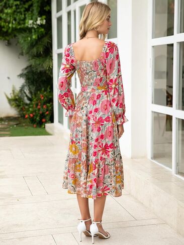 Simplee Womens Long Sleeve Maxi Dress Casual Square Neck Smocked Flowy Fall Wedding Guest Dresses in Saudi Arabia