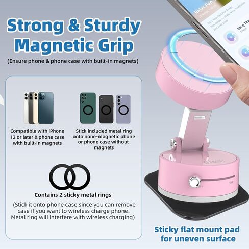 Vacuum Magnetic Phone Holder with Metal Ring Compatible with iPhone Samsung All Phone, Portable Universal Collapsible Magnetic Phone Stand for Gym Car Mount with Windshield Suction Cup in Saudi Arabia