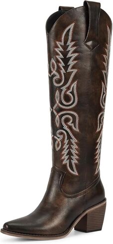 wetkiss Brown Cowgirl Boots Side Zipper Womens Cowboy Boots Knee High Retro Tall Woman Western Vintage Embroidery Pointed Toe Chunky Heel Ladies Size 10.5 in Kuwait