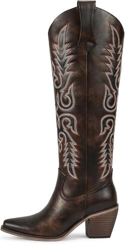 wetkiss Brown Cowgirl Boots Side Zipper Womens Cowboy Boots Knee High Retro Tall Woman Western Vintage Embroidery Pointed Toe Chunky Heel Ladies Size 10.5 in Kuwait