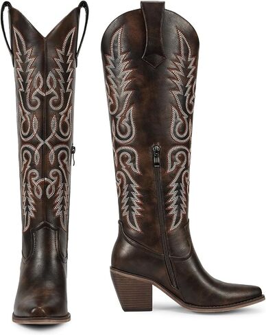 wetkiss Brown Cowgirl Boots Side Zipper Womens Cowboy Boots Knee High Retro Tall Woman Western Vintage Embroidery Pointed Toe Chunky Heel Ladies Size 10.5 in Kuwait