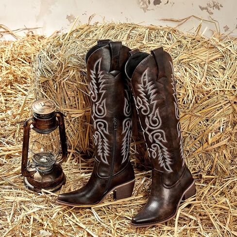 wetkiss Brown Cowgirl Boots Side Zipper Womens Cowboy Boots Knee High Retro Tall Woman Western Vintage Embroidery Pointed Toe Chunky Heel Ladies Size 10.5 in Kuwait