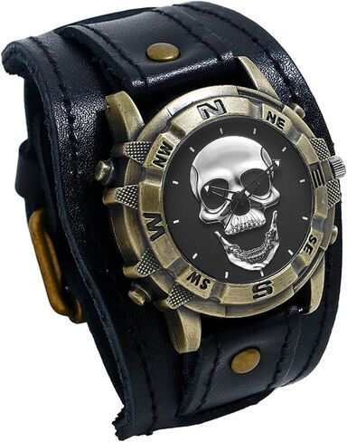 Avaner Vintage Punk Leather Watches: Retro Bronze Skull Wide Band Quartz Cuff Watches for Men in Saudi Arabia