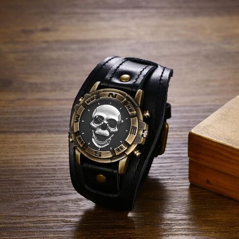 Avaner Vintage Punk Leather Watches: Retro Bronze Skull Wide Band Quartz Cuff Watches for Men in Saudi Arabia