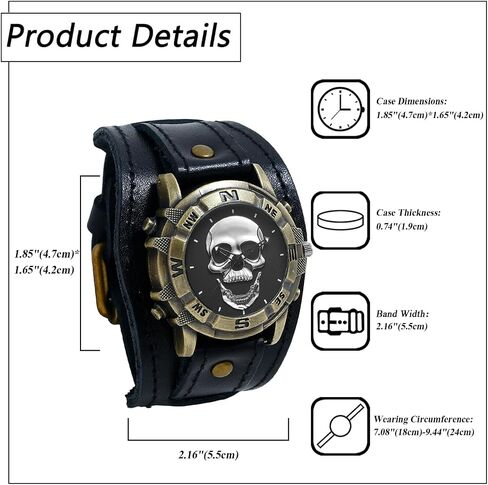 Avaner Vintage Punk Leather Watches: Retro Bronze Skull Wide Band Quartz Cuff Watches for Men in Saudi Arabia