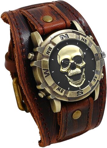 Avaner Vintage Punk Leather Watches: Retro Bronze Skull Wide Band Quartz Cuff Watches for Men in Saudi Arabia