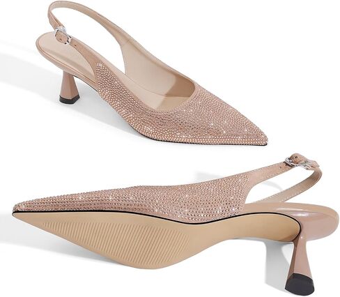 LOCERICH Women's Kitten Heels Slingback Low Heel Dress Shoes Closed Toe Pumps Rhinestone Pointed Toe Sparkly Sling Back Bridal Wedding Party in Kuwait