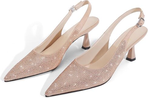 LOCERICH Women's Kitten Heels Slingback Low Heel Dress Shoes Closed Toe Pumps Rhinestone Pointed Toe Sparkly Sling Back Bridal Wedding Party in Kuwait