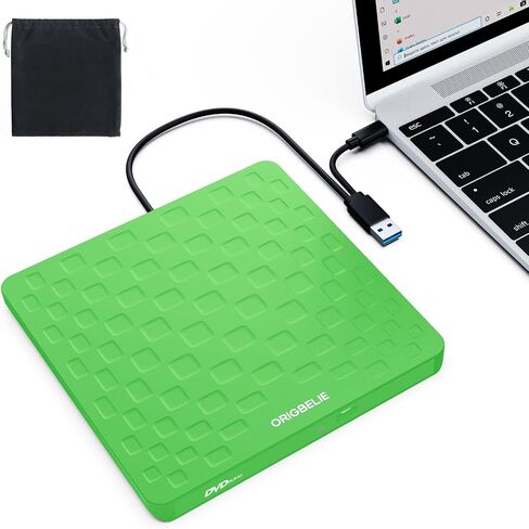 External CD DVD Drive for Laptop, USB 3.0 Type-C Ultra Slim 13mm DVD Player Portable CD DVD +/-RW Drive CD Burner Reader Recorder for Desktop PC Windows 11/10/8/7 Linux Mac OS (Grass Green) in Saudi Arabia