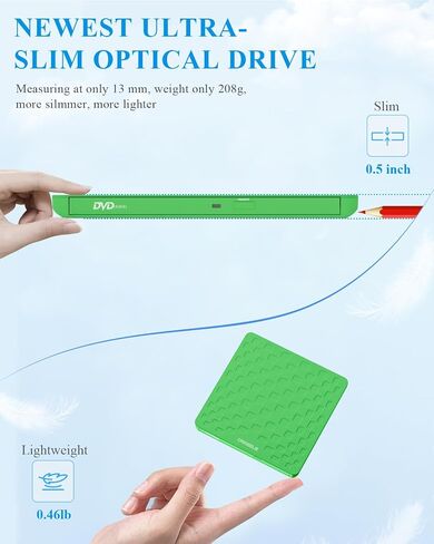 External CD DVD Drive for Laptop, USB 3.0 Type-C Ultra Slim 13mm DVD Player Portable CD DVD +/-RW Drive CD Burner Reader Recorder for Desktop PC Windows 11/10/8/7 Linux Mac OS (Grass Green) in Saudi Arabia