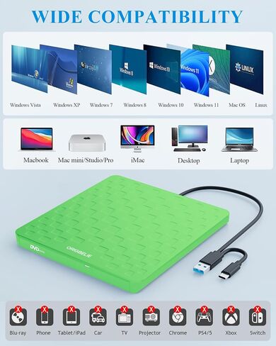 External CD DVD Drive for Laptop, USB 3.0 Type-C Ultra Slim 13mm DVD Player Portable CD DVD +/-RW Drive CD Burner Reader Recorder for Desktop PC Windows 11/10/8/7 Linux Mac OS (Grass Green) in Saudi Arabia