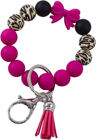 Beaded Wrist Keychain Bracelet for Women Leopard Silicone Beads Wristlet Car Key Holder Key Ring Bowknot Wristlet in Saudi Arabia