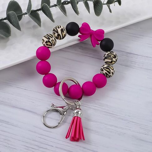 Beaded Wrist Keychain Bracelet for Women Leopard Silicone Beads Wristlet Car Key Holder Key Ring Bowknot Wristlet in Saudi Arabia