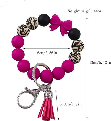 Beaded Wrist Keychain Bracelet for Women Leopard Silicone Beads Wristlet Car Key Holder Key Ring Bowknot Wristlet in Saudi Arabia