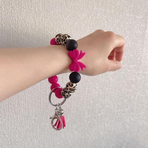 Beaded Wrist Keychain Bracelet for Women Leopard Silicone Beads Wristlet Car Key Holder Key Ring Bowknot Wristlet in Saudi Arabia