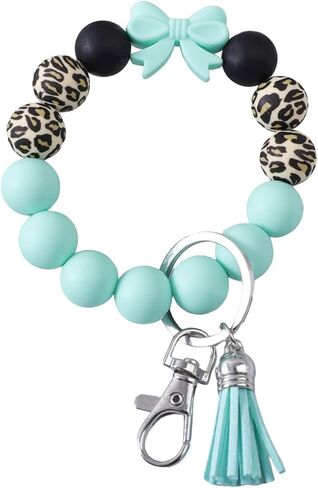 Beaded Wrist Keychain Bracelet for Women Leopard Silicone Beads Wristlet Car Key Holder Key Ring Bowknot Wristlet in Saudi Arabia