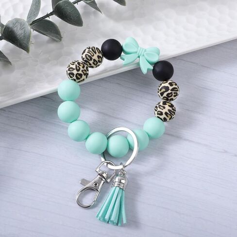 Beaded Wrist Keychain Bracelet for Women Leopard Silicone Beads Wristlet Car Key Holder Key Ring Bowknot Wristlet in Saudi Arabia