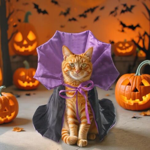 Qiansail Cat Cape Vampire Cloak Halloween Dog Costume Pet Cosplay Apparel Outfit Decor Accessories for Puppy Kitten, Black and Purple, Polyester, Adjustable 7-19 Inches in Saudi Arabia